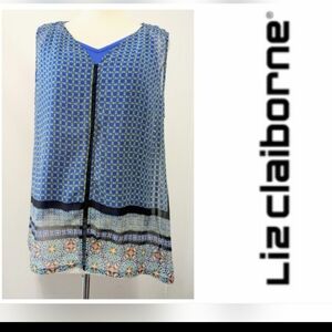 Liz Claiborne Blue and Black Sleeveless Patterned Blouse XLP